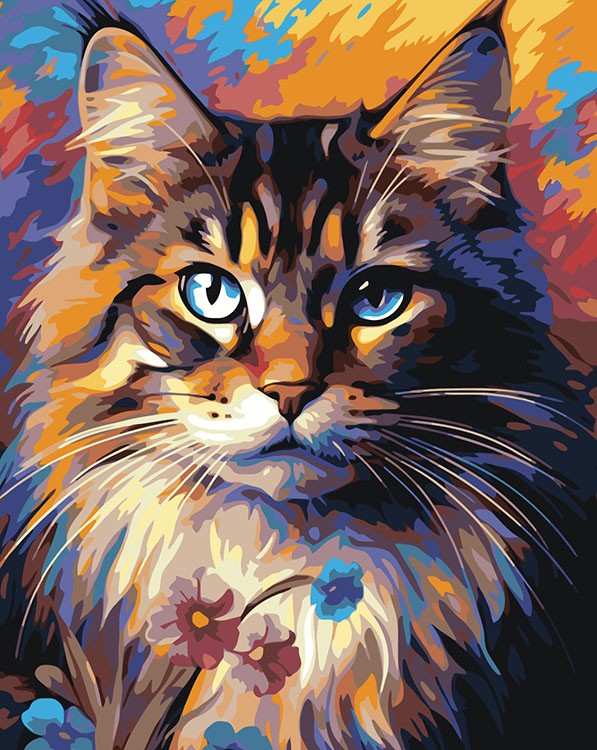 Картина по номерам «Красочный кот с голубыми глазами и цветами»
