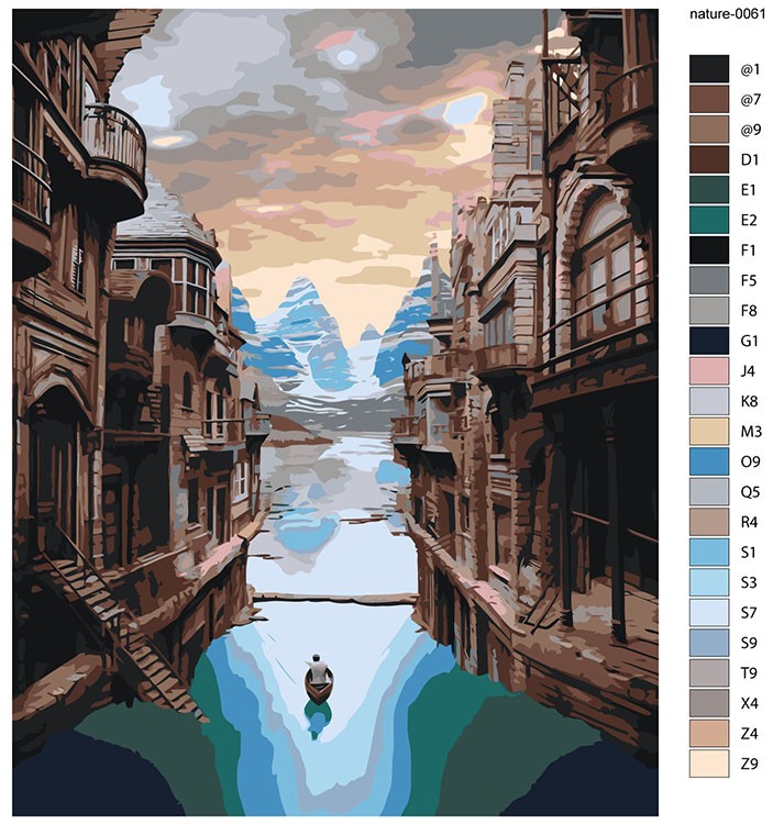 Картина по номерам «Природа: Пейзаж с человеком в лодке на фоне гор и домов» — картинка 2