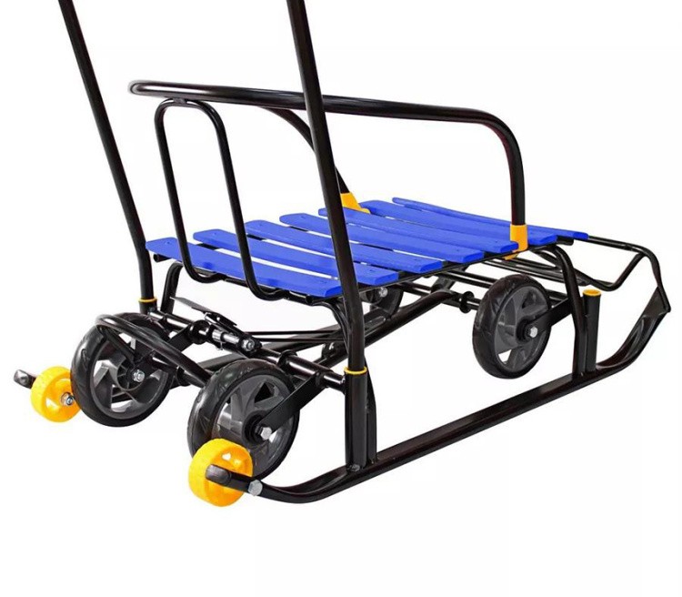 Санки детские Snow Black Auto синие рейки с колесами — картинка 15