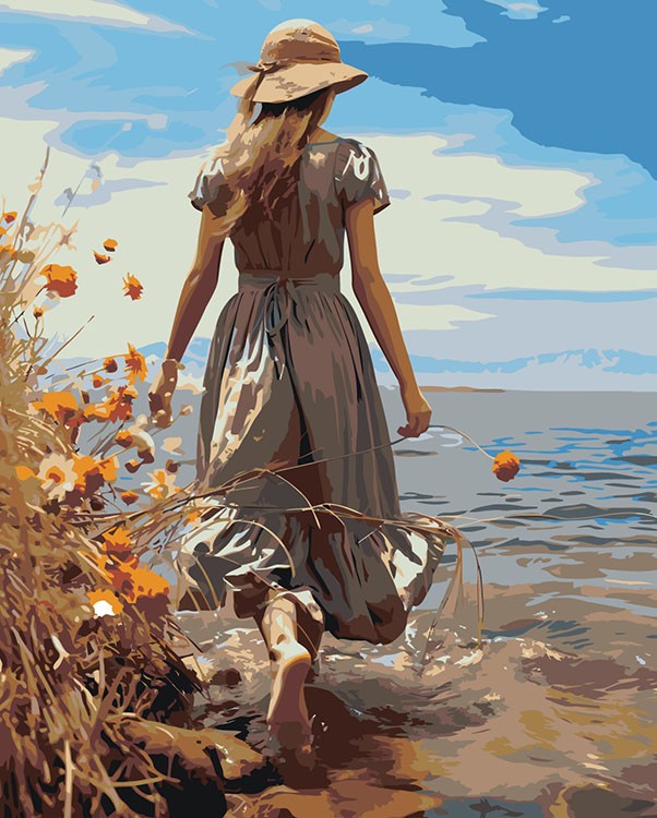 Картина по номерам «Море: Девушка в платье идет по воде»