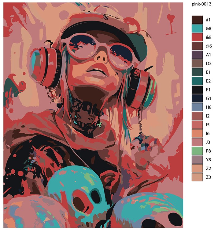 Картина по номерам «Девушка с тату в наушниках, черепа» — картинка 2