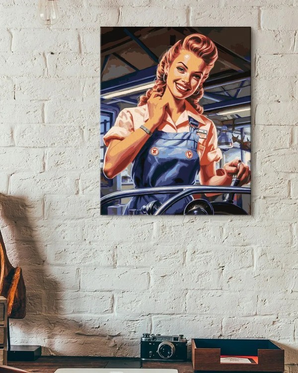 Картина по номерам «Прекрасная девушка-автомеханик в стиле пин-ап» — картинка 3