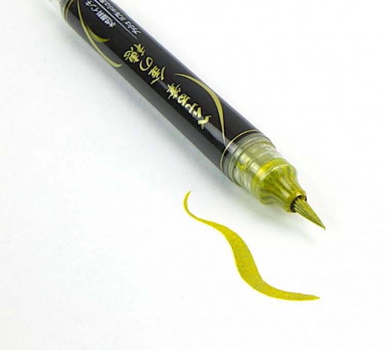 Маркер-кисть с кнопкой подкачки чернил, 1-10 мм, золото, Pentel — картинка 4