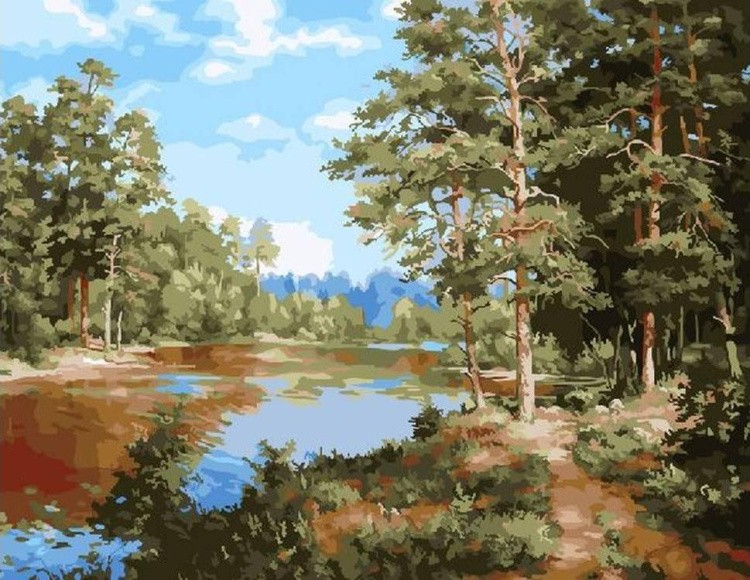 Картина по номерам «Сосны на берегу реки»