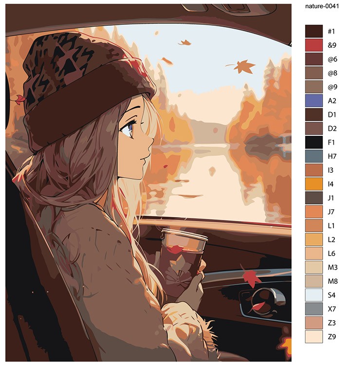 Картина по номерам «Природа: Девушка с кофе в машине возле осеннего озера» — картинка 2