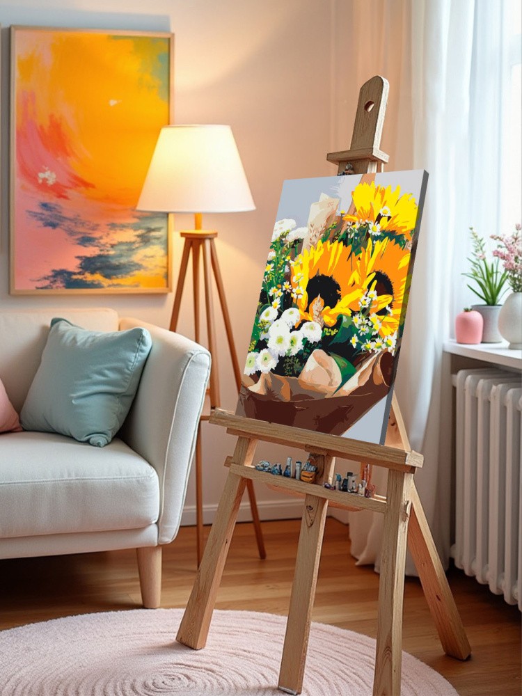 Картина по номерам Букет цветов подсолнухи и ромашки — картинка 11