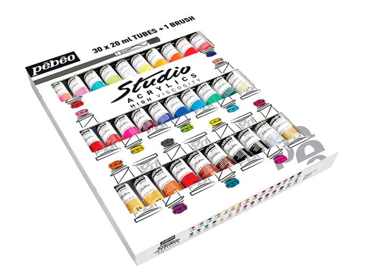 Краски Pebeo акриловые 30 цветов набор Studio Acrylics с кистью 20 мл