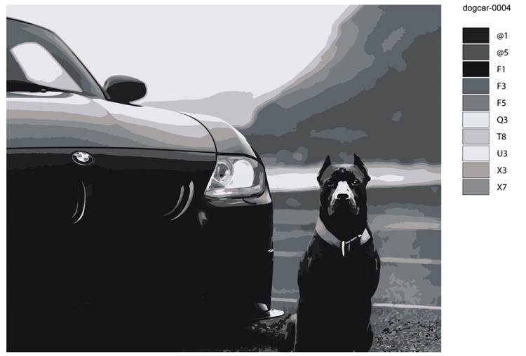 Картина по номерам «Машина BMW и собака Кане-корсо монохром» — картинка 2