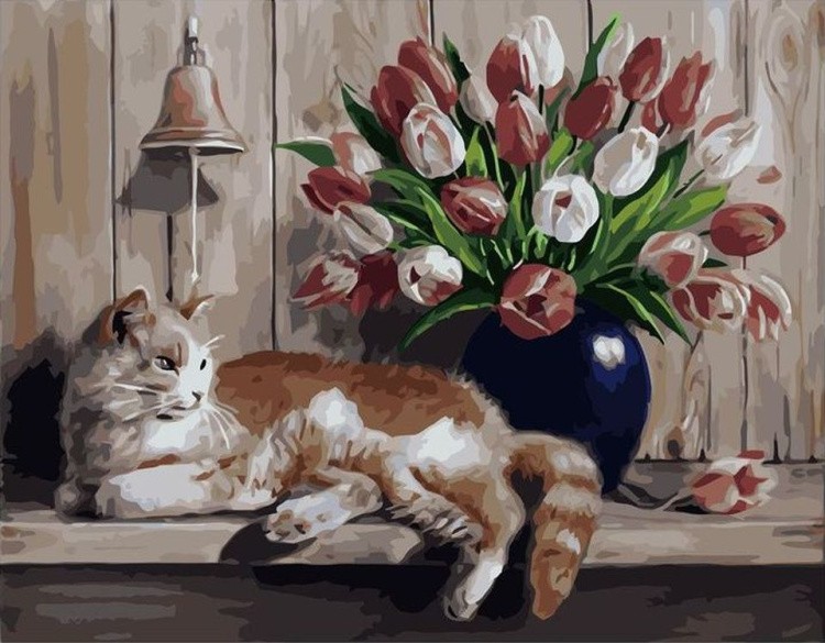 Картина по номерам «Кот и тюльпаны»