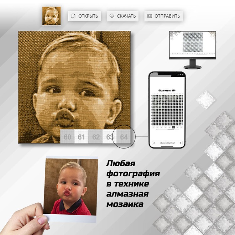 ФотоМозаика. Алмазная мозаика по фото (цвет страз сепия), 40x40 см, Белоснежка — картинка 3