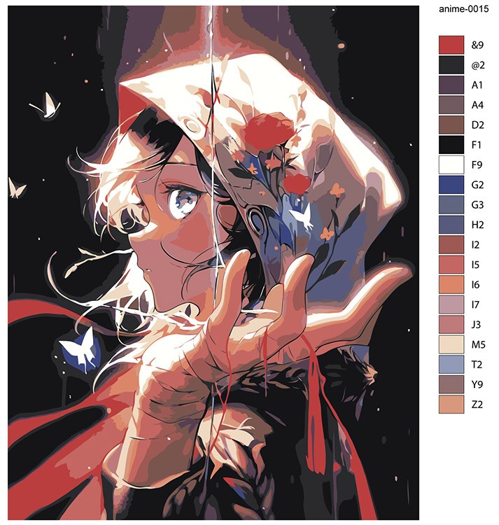 Картина по номерам «Аниме: Девушка в капюшоне с бабочками и цветами» — картинка 2