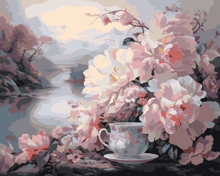 Картина по номерам «Цветы: Композиция с чашкой и пейзажем»