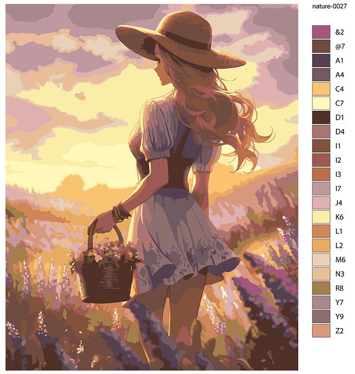Картина по номерам «Природа: Девушка в шляпке с корзиной полевых цветов» — картинка 2