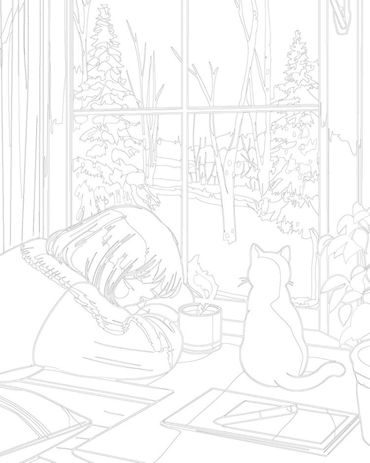 Картина по номерам «Зима: белый кот, девушка и снег, аниме» — картинка 3