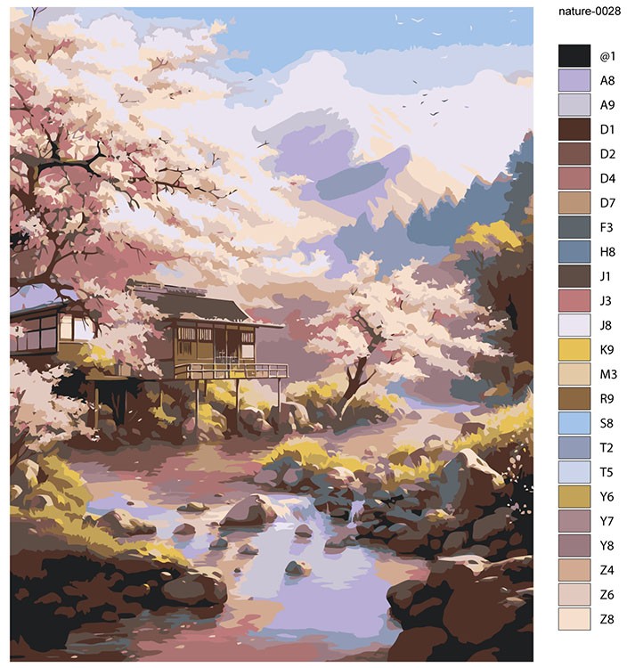 Картина по номерам «Природа: Пейзаж с японским домом и сакурой в горах» — картинка 2