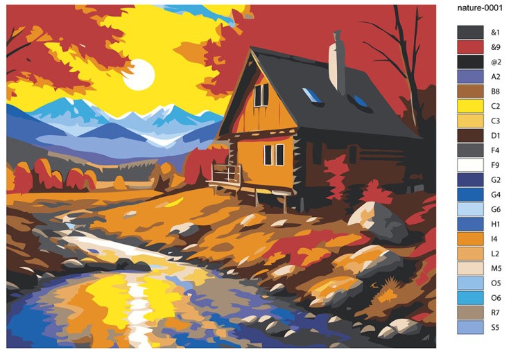 Картина по номерам «Природа: Пейзаж с домиком у ручья в осеннем лесу» — картинка 2