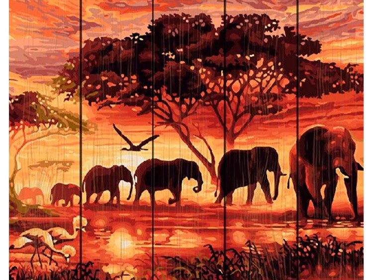 Картина по номерам по дереву Paintboy «Слоны на закате»