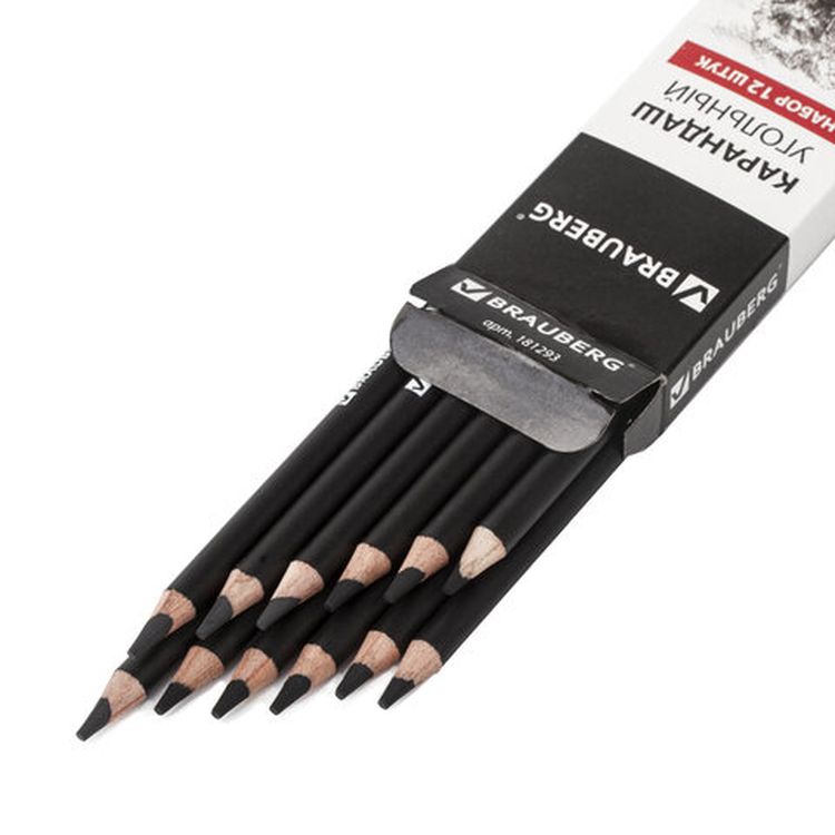 Карандаши угольные BRAUBERG ART CLASSIC, набор 12 шт., заточенные, (мягкий, средний, твердый) — картинка 2