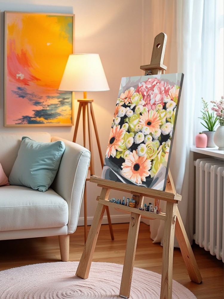 Картина по номерам Букет цветов розы герберы и хризантемы — картинка 11