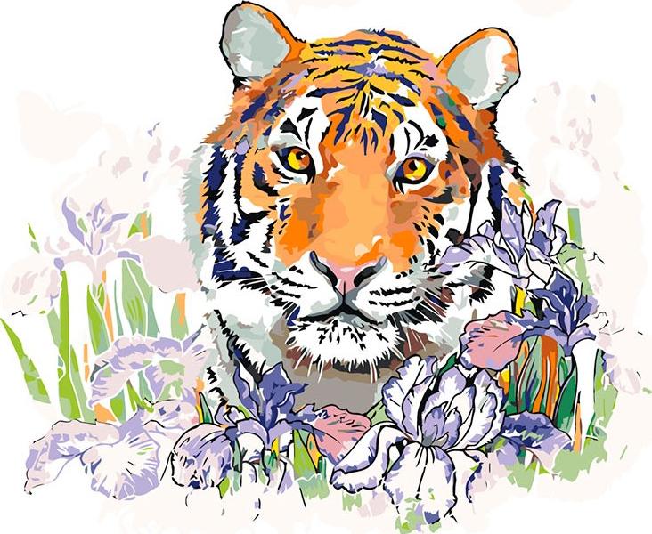 Картина по номерам «Тигрица в ирисах»
