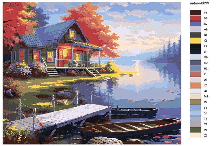 Картина по номерам «Природа: Пейзаж с домиком и лодками на берегу озера» — картинка 2