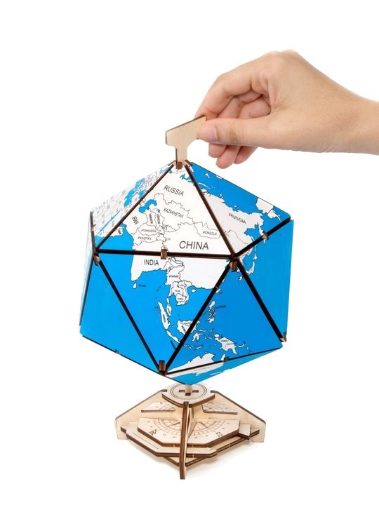 Конструктор деревянный 3D EWA «Глобус Икосаэдр с секретом», (шкатулка, сейф), синий — картинка 4