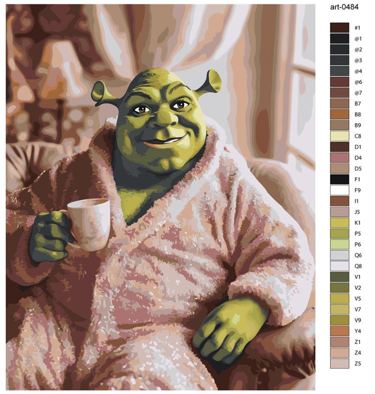 Картина по номерам «Шрек в розовом халате пьет кофе, арт» — картинка 2