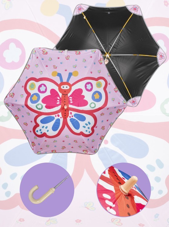 Зонт детский Счастливая бабочка, трость, 6 спиц, механический, антишторм — картинка 2