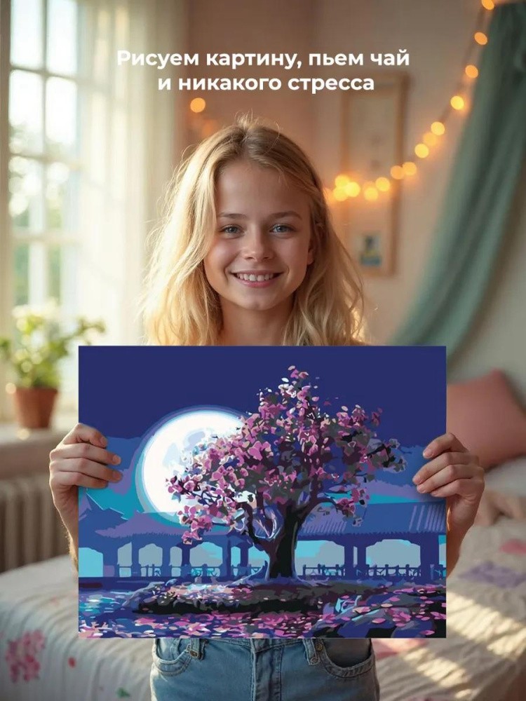 Картина по номерам «Сакура под луной» — картинка 7