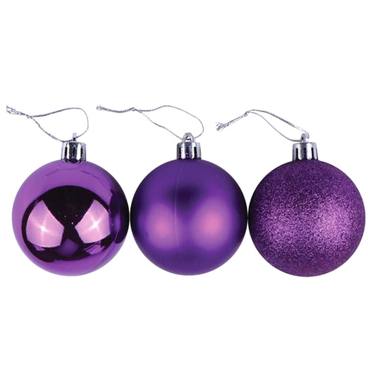 Шары елочные, набор 6 шт., пластик, 6 см, фиолетовые (глянец, матовый, глиттер) — картинка 2