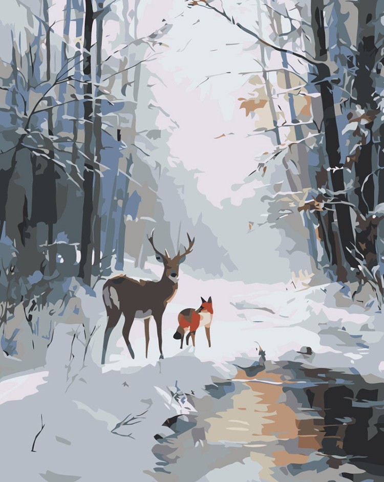 Картина по номерам Животные олень и лиса в зимнем лесу