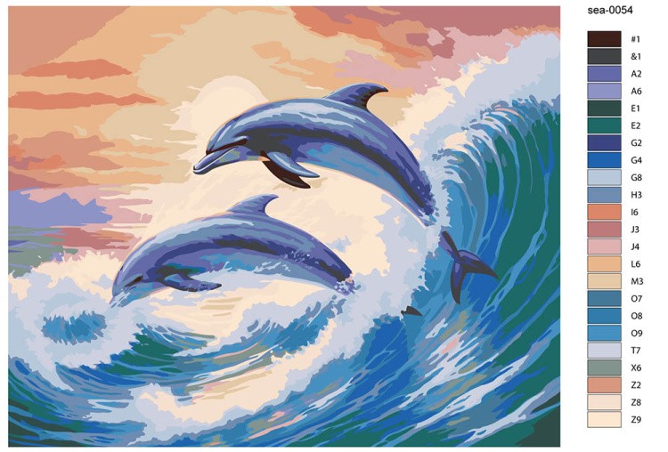 Картина по номерам «Море: Дельфины выпрыгивают из волны 2» — картинка 2