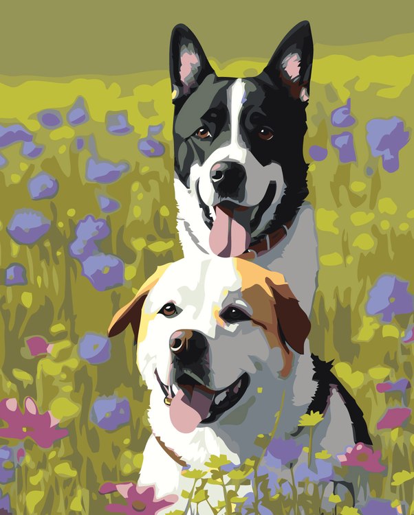Картина по номерам «Две собаки в цветочном поле»