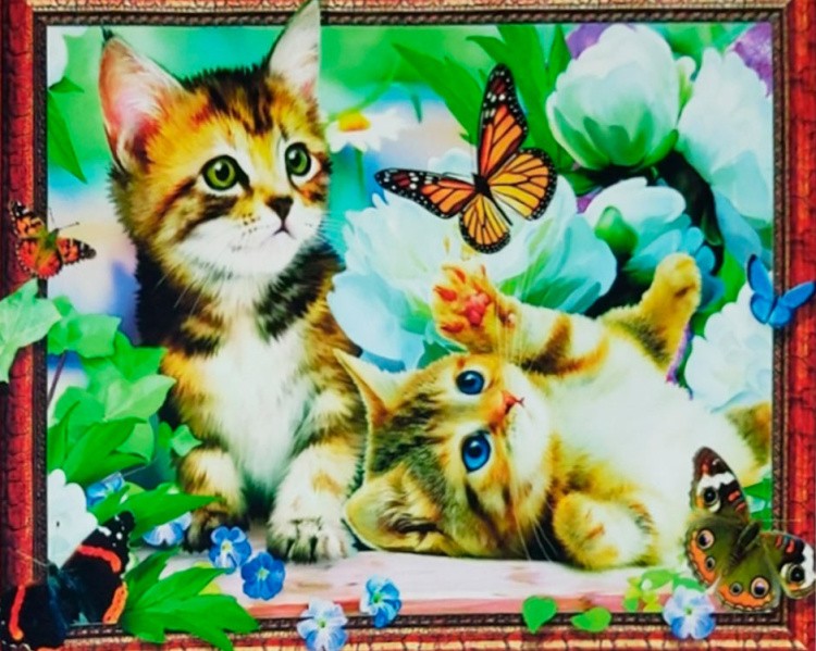 Алмазная вышивка 5D «Котята и бабочки»