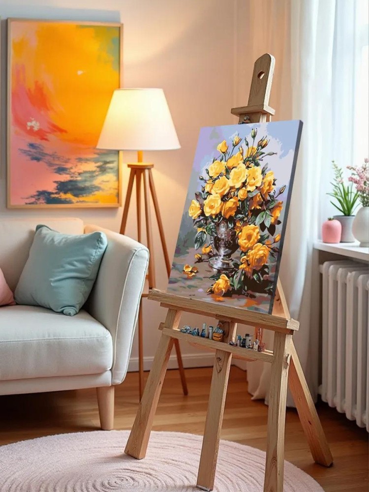 Картина по номерам «Жёлтые розы в вазе» — картинка 9