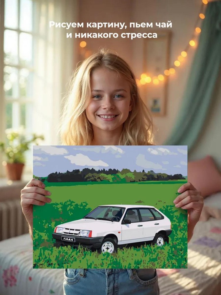 Картина по номерам «ВАЗ-2109: белая Лада девятка на зеленом лугу» — картинка 6