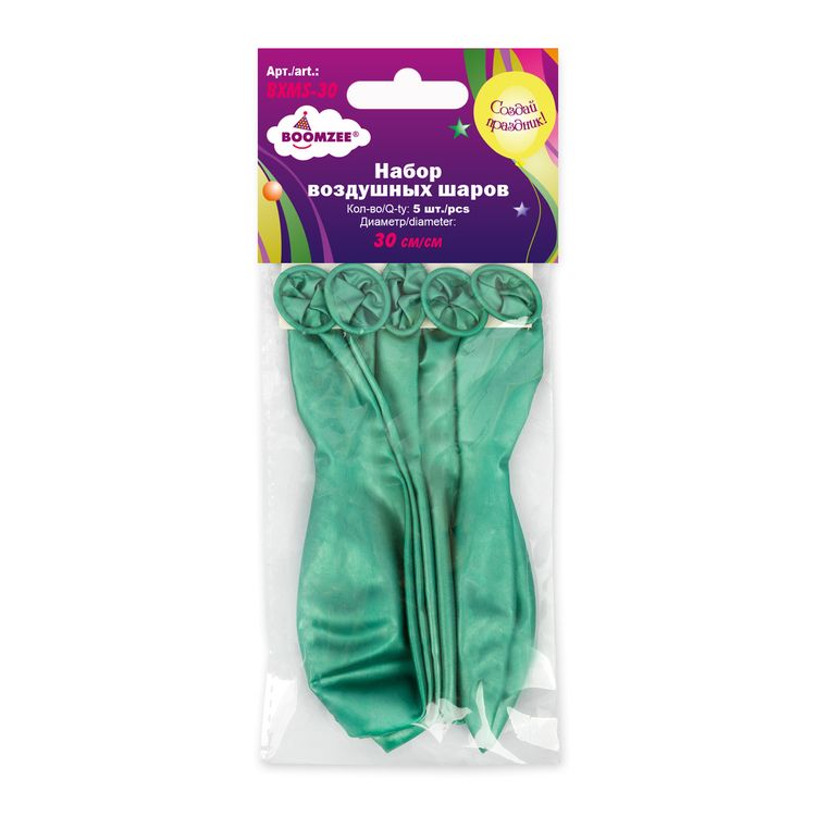 Набор воздушных шаров, 30 см, цвет: хром металлик зеленый, 5 шт., BOOMZEE — картинка 2