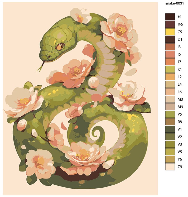 Картина по номерам «Зеленая змея в цветах, животные 40x50» — картинка 2