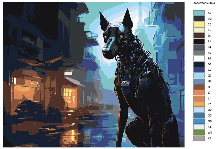 Картина по номерам «Собака доберман-киборг в городе будущего» — картинка 2