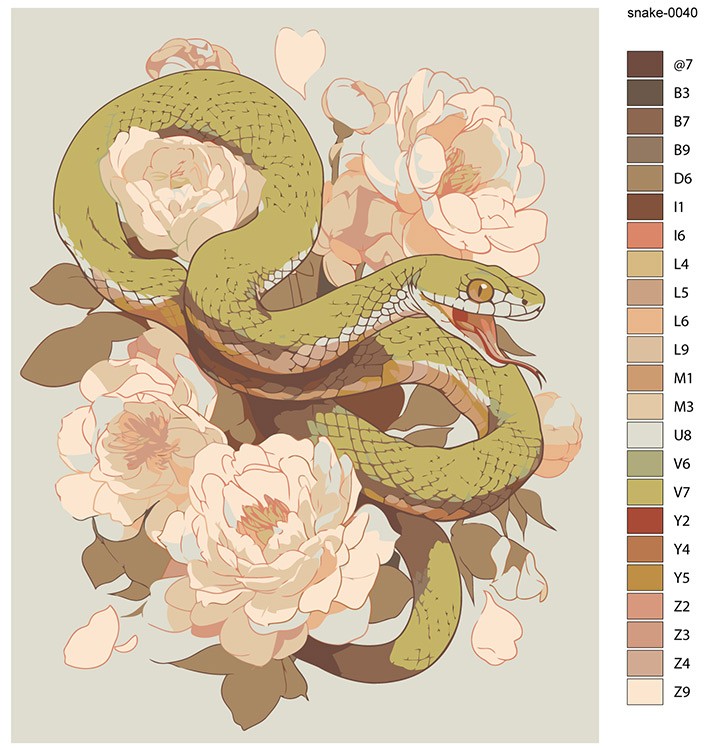 Картина по номерам «Зеленая змея и пионы, животные 40x50» — картинка 2