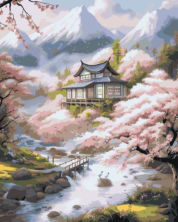 Картина по номерам «Природа: Пейзаж с японским домом и сакурой в горах 2»