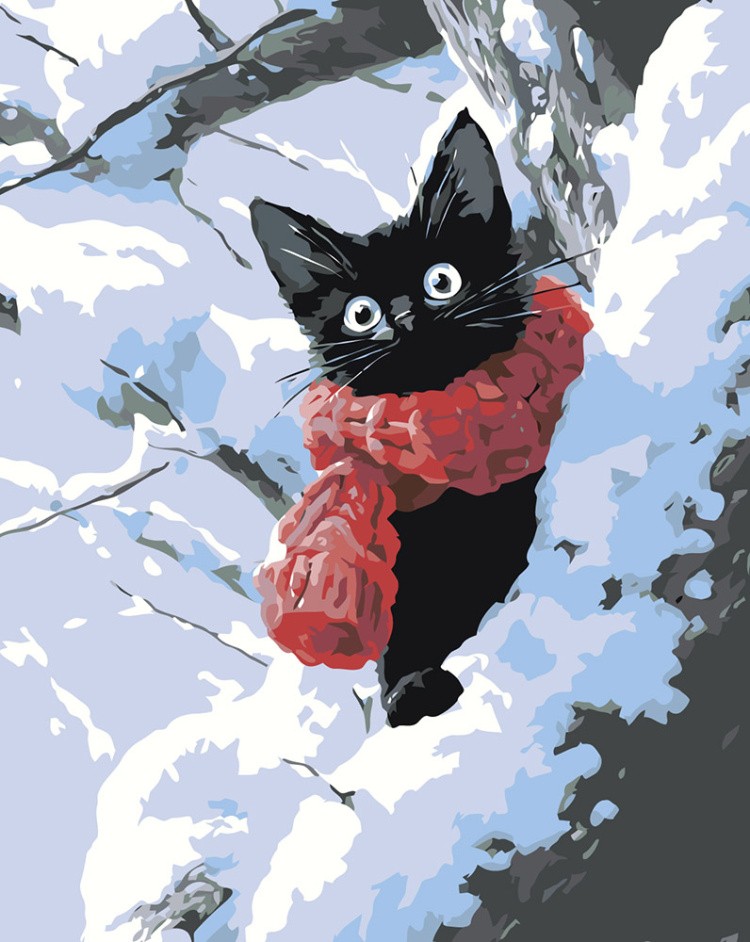 Картина по номерам Черный котик зимой среди снега