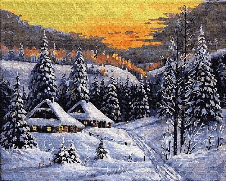 Картина по номерам «Домики в зимнем лесу»