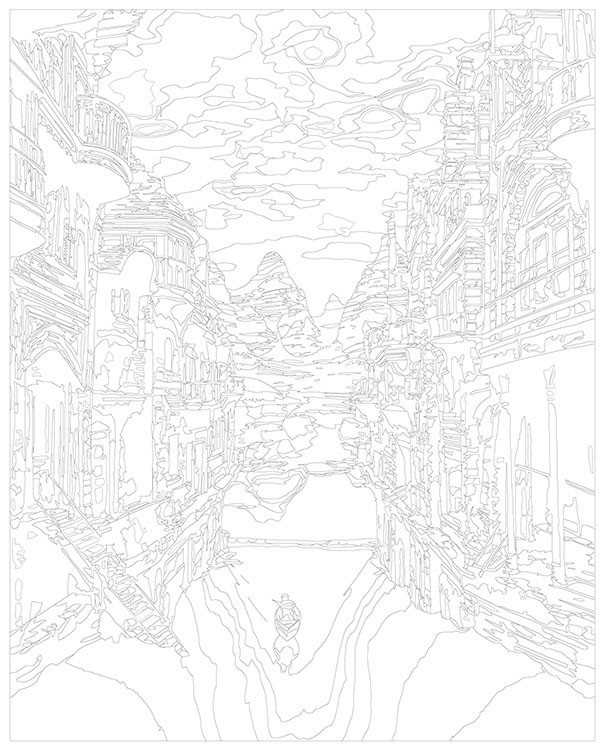 Картина по номерам «Природа: Пейзаж с человеком в лодке на фоне гор и домов» — картинка 3