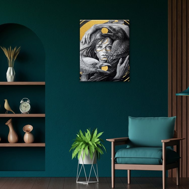 Картина по номерам с поталью «Черный холст Девушка и вороны» — картинка 7