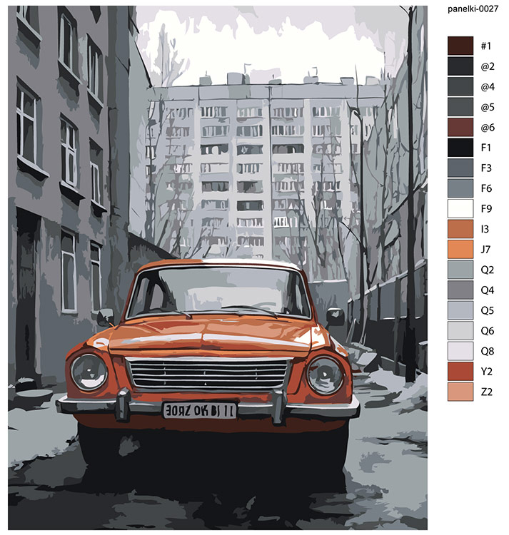 Картина по номерам «Панельки родные, ретро машина монохром» — картинка 2