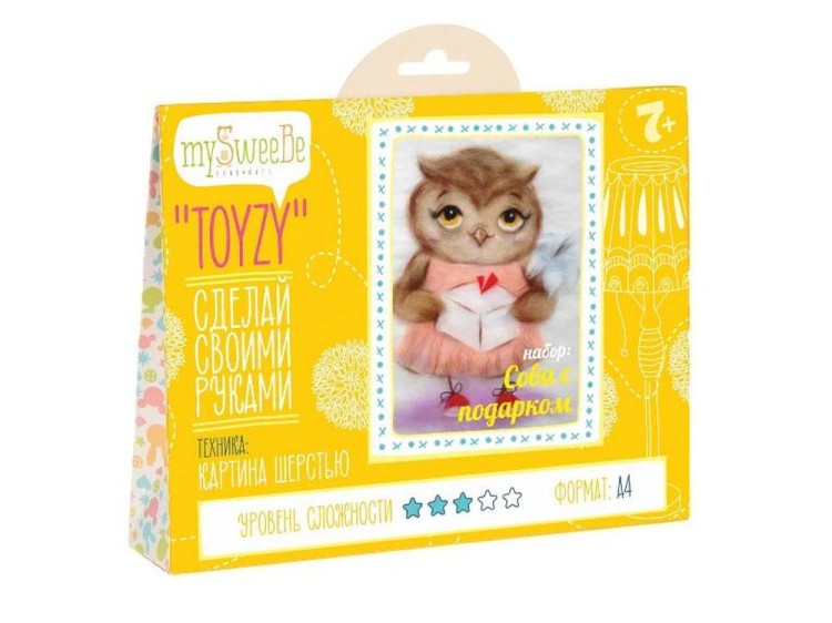 Картина шерстью «Сова с подарком» — картинка 2