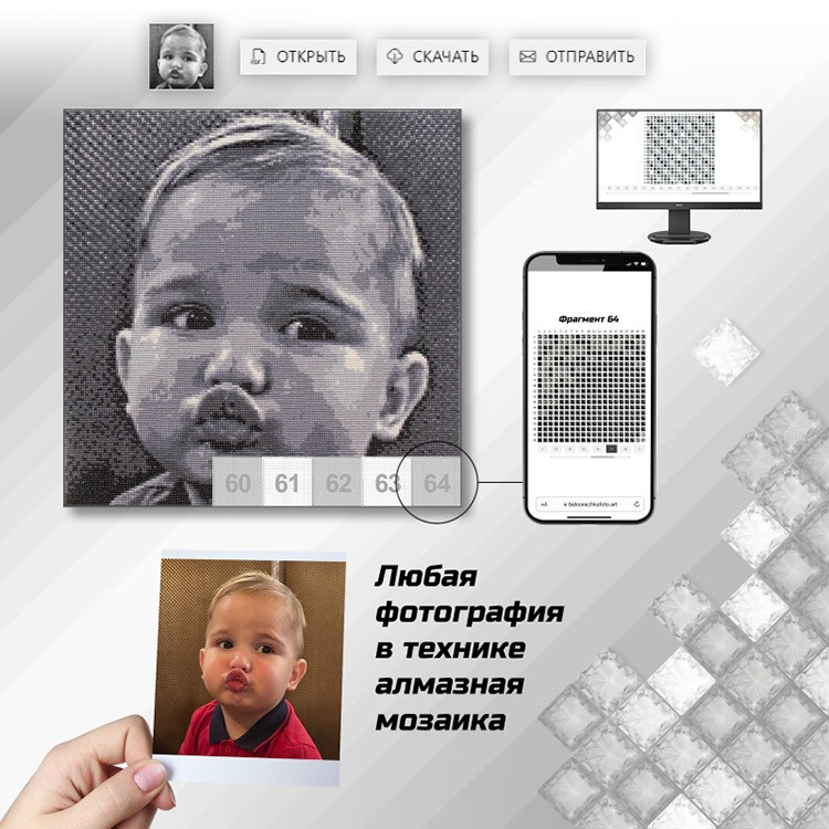 ФотоМозаика. Алмазная мозаика по фото (черно-белые стразы), 30x30 см, Белоснежка — картинка 3