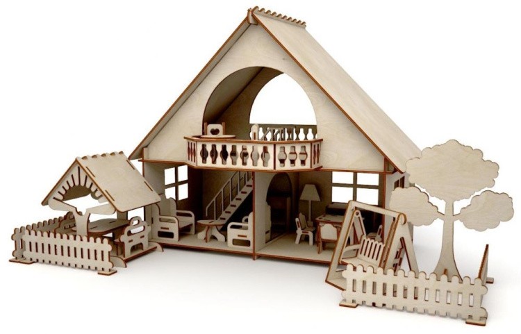 Конструктор-кукольный домик ХэппиДом «Летний дом с беседкой и качелями» из дерева
