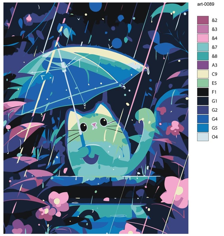 Картина по номерам «Котик с зонтом под дождем, неон арт» — картинка 2